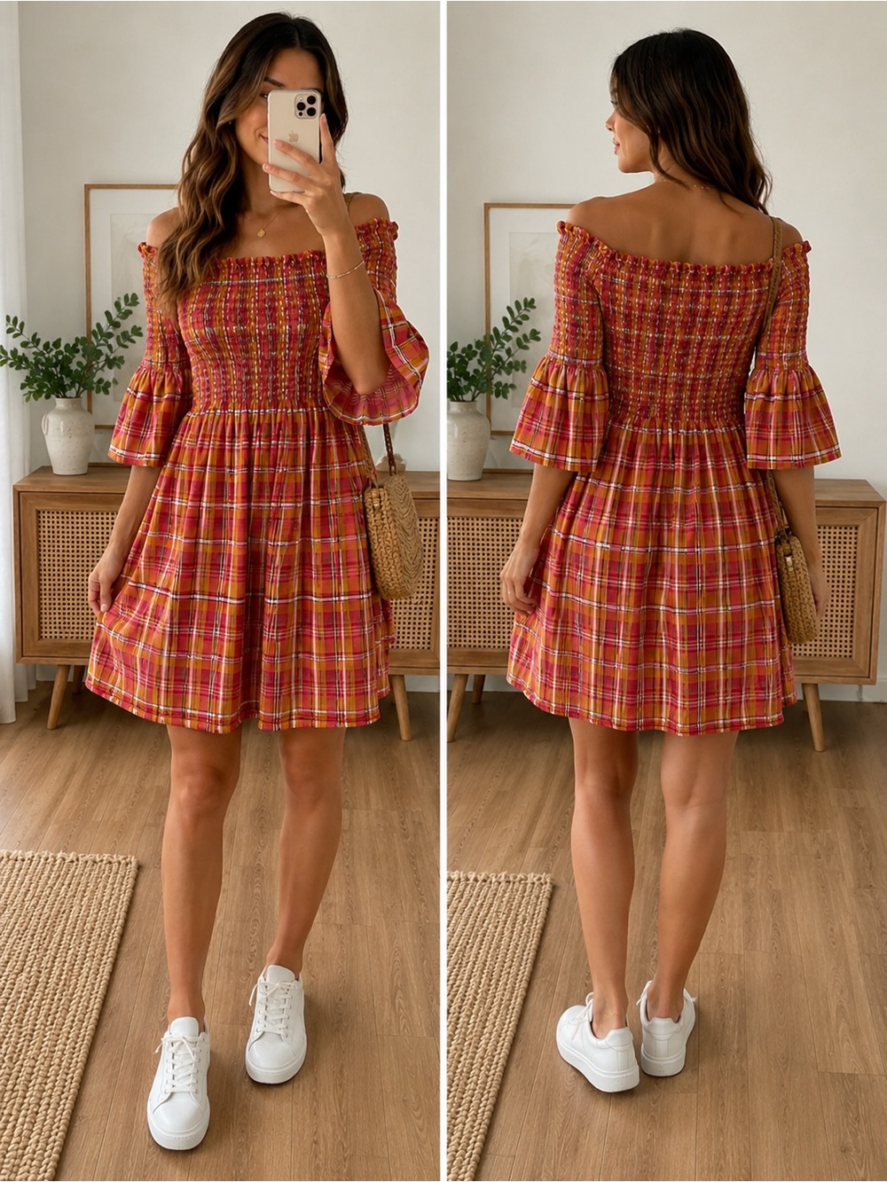 Zara Mustard and Berry Plaid Off-Shoulder Mini Dress
